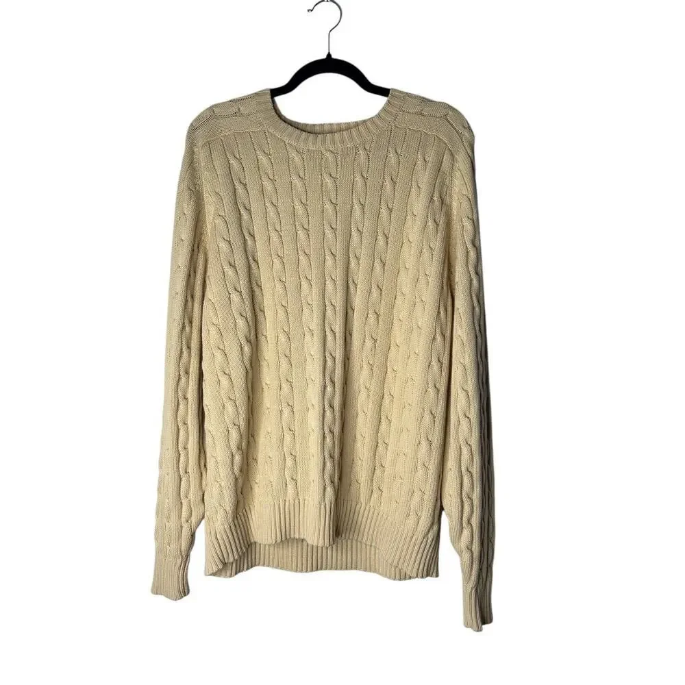 Lands End Men's‎ Sweater Beige Large 42/44 Cable Knit Fisherman Long Sleeve